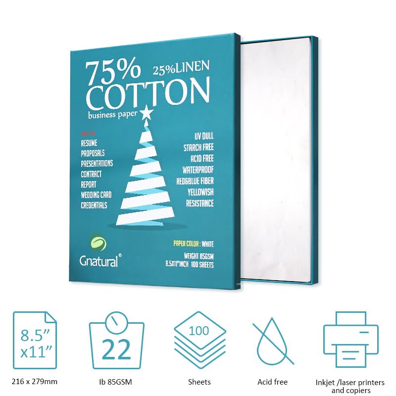 gnatural 75% قطن 25% كتان ورق، 85 جرام لكل متر مربع ورق طباعة نفاثة للحبر، 8.5"x11" ورق سيرة ذاتية أبيض، 100 ورقة لن تتبلل ورق قطن - Image 5